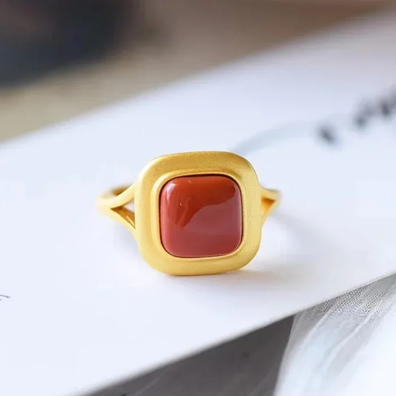 Original Design Inlaid Southern Red Tourmaline Geometric Square Open Ring Chinese Vintage Court Elegant Silver Jewelry