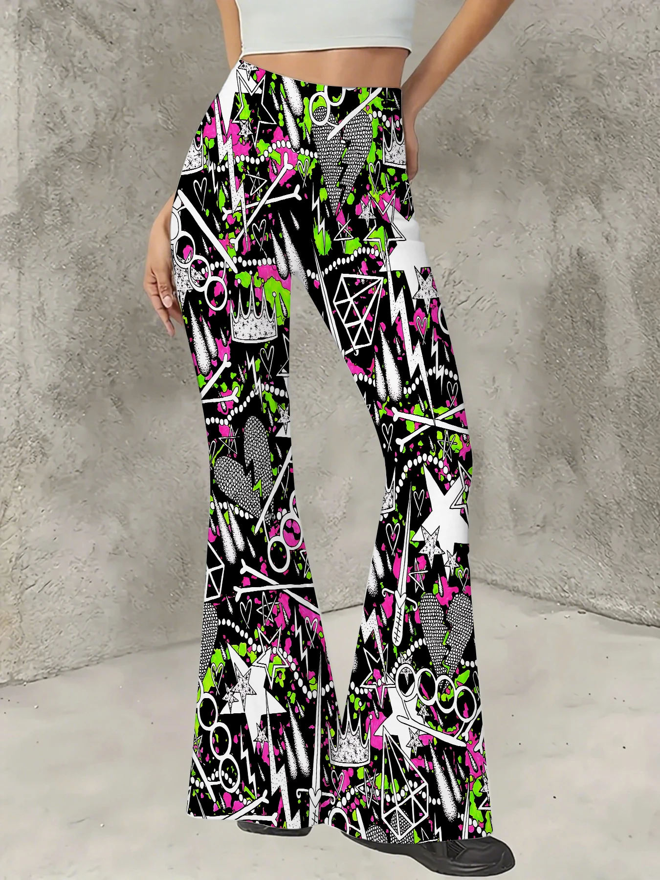 

Women's Boho Printed Flare Pants Vintage Knit High Waist Wide Leg Trousers