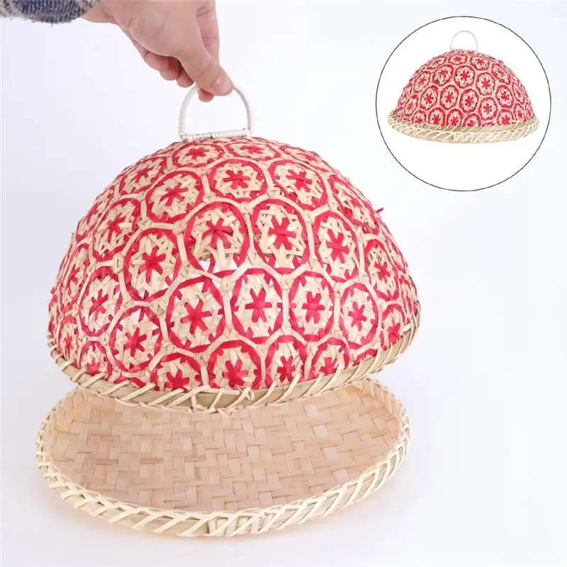 Rice Cover Hand-Woven Rattan Fruit Plate Bread Basket Round Lid Insect Proof Dining Table Cover Fruit Leftovers Red