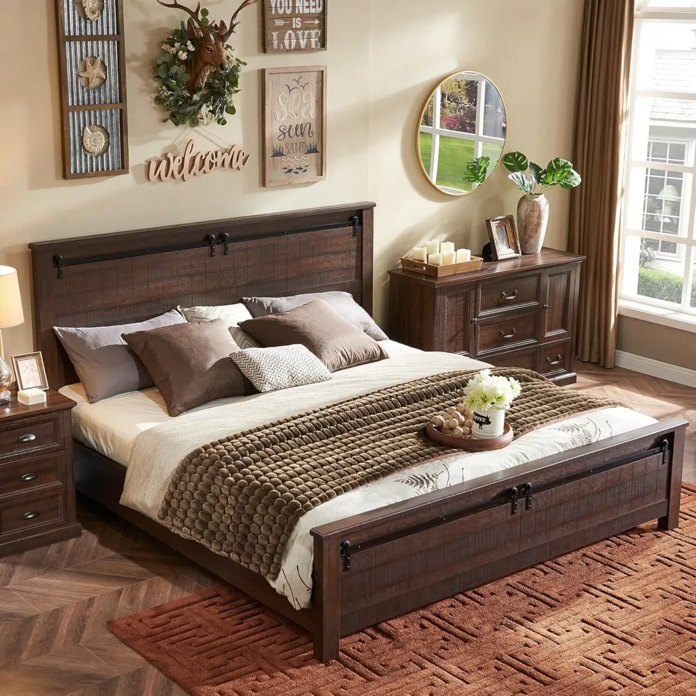 

Farmhouse Queen Size Bed Frame with 47" Headboard, Wood Bed Frame with Groove Sliding Barn Door Footboard, Platform Bed with Woo