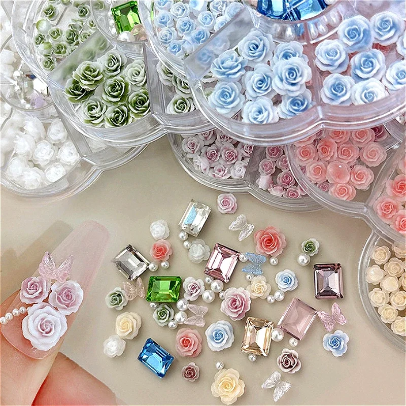 Juego de perlas de cristal y flor de Camelia rosa de resina colorida, taladro de pila tallado suave, decoración artística de uñas elegante, accesorios de herramientas de manicura