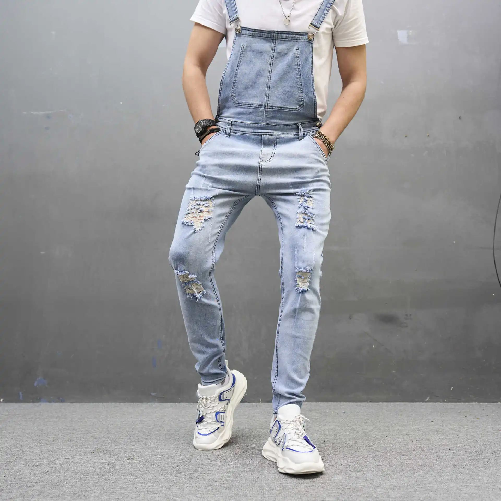 

Men's High Street Destroyed Jeans Bib Overalls Fashion Streetwear Ripped Denim Jumpsuits Washed Slim Fit Suspender Pants