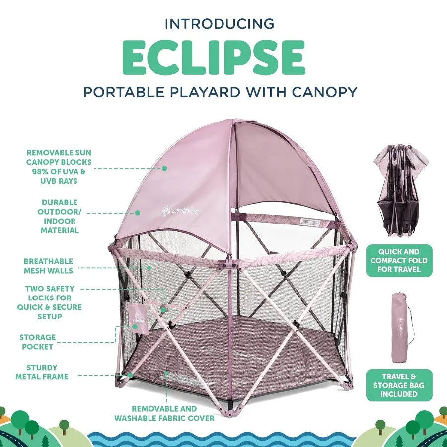 Go with Me Eclipse Deluxe Portable Playard Playpen Sun Canopy Indoor and Outdoor Ultra Padded Nylon Floor Canyon Rose