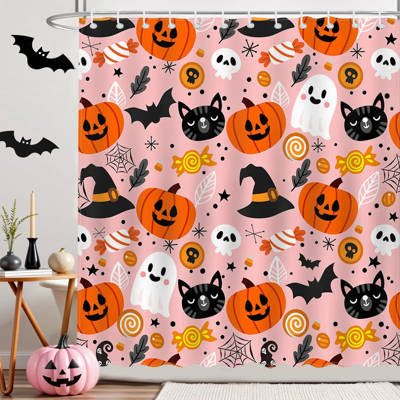 Pink Halloween Shower Curtain Lovely Ghost Print, Quick-dry Durable Waterproof Bath Curtain with 12 Hooks Halloween Decor Bath