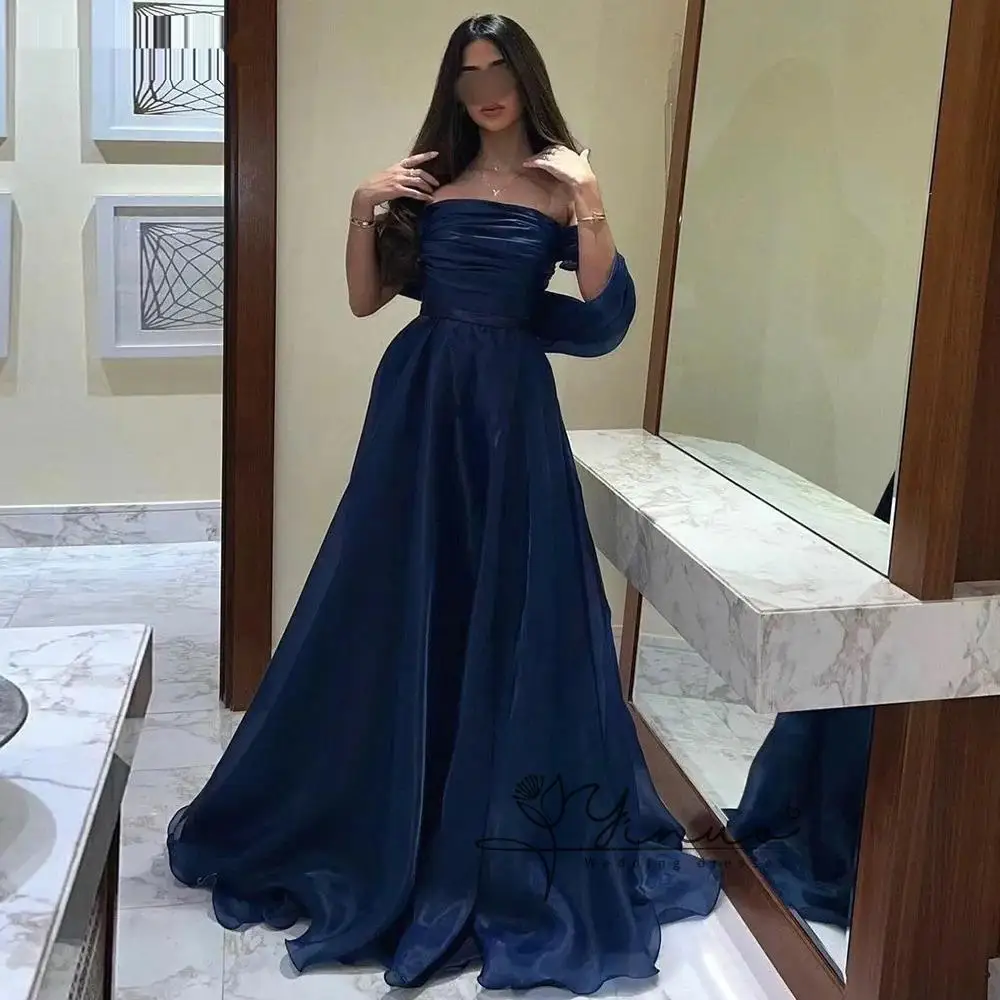 

customized Elegant Navy Blue Satin Evening Gowns Pleated Off Shoulder Draped Simple Formal Events Prom Dress for Women Custom