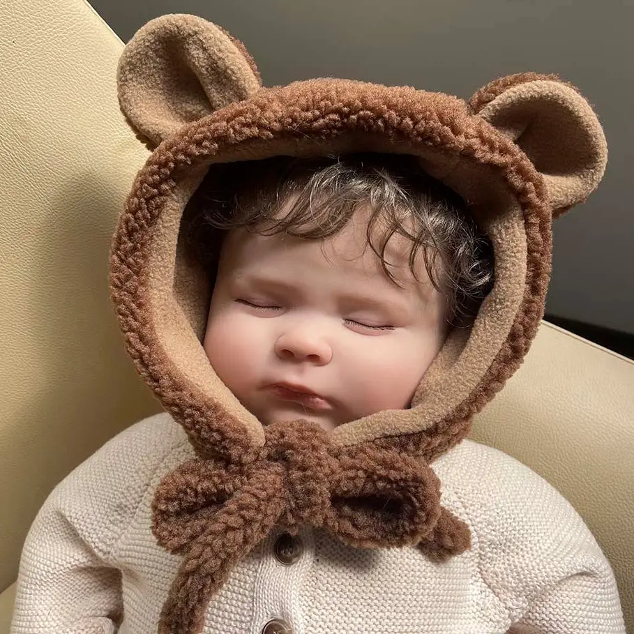 

JANEFUR-Children's Thick Teddy Cap with Earflaps, Windproof Beanies, Bear Ear, Warm, Kids, Fashion, Winter, 2022, 3-7 Y