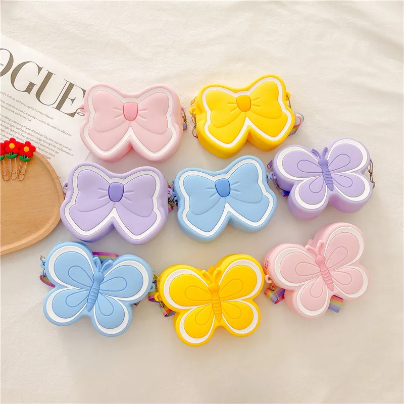 Lovely Bow Children\'s Silicone Shoulder Bags Cute Butterfly Shape Baby Girls Crossbody Bag Candy Color Kids Small Coin Purse