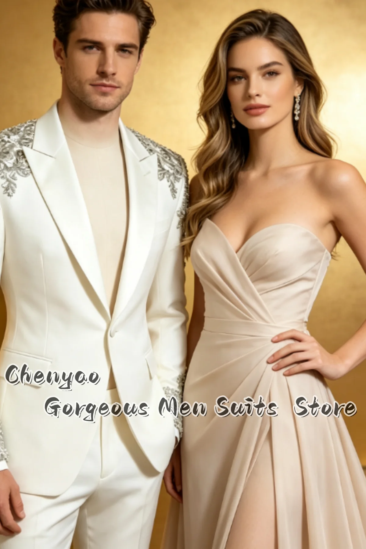 High End Silver Rhinestone Embroidery Men Suits Customized Groom Tuxedos Sparkling Formal Male Blazer 2‑piece Sets Costume Homme
