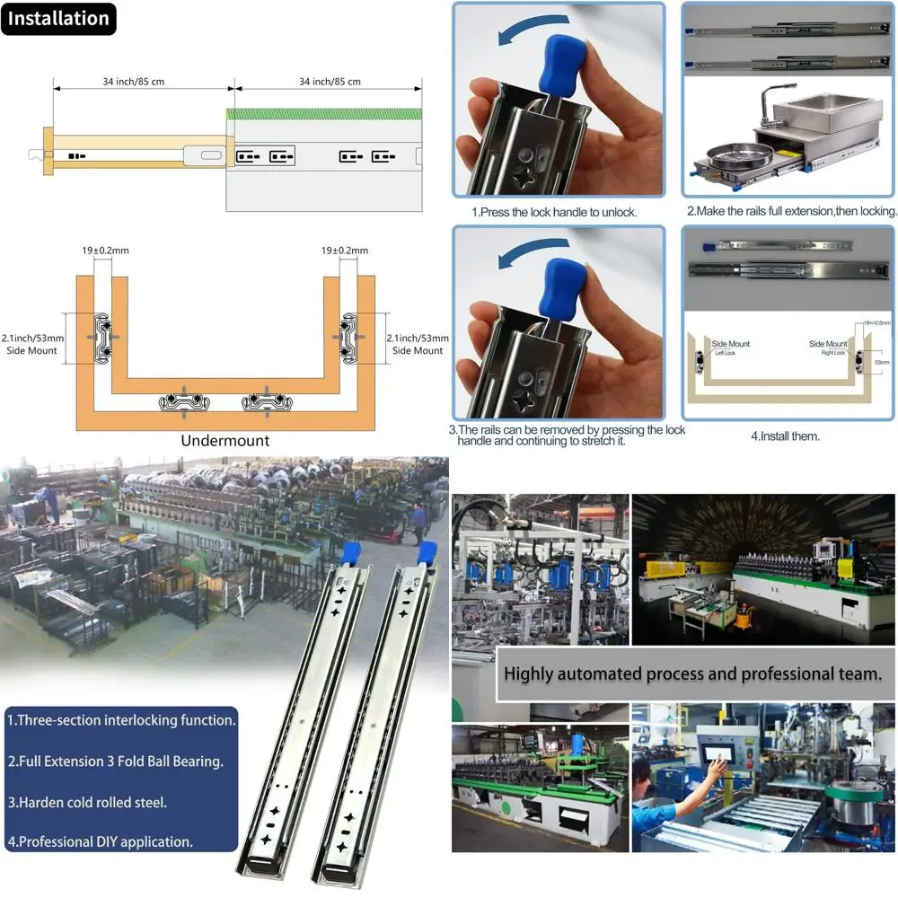 

Пара 34-дюймовых направляющих для выдвижных ящиков с замком, грузоподъемностью 260 фунтов, с винтами, боковым креплением, полным выдвижением, на шарикоподшипниках, из нержавеющей стали