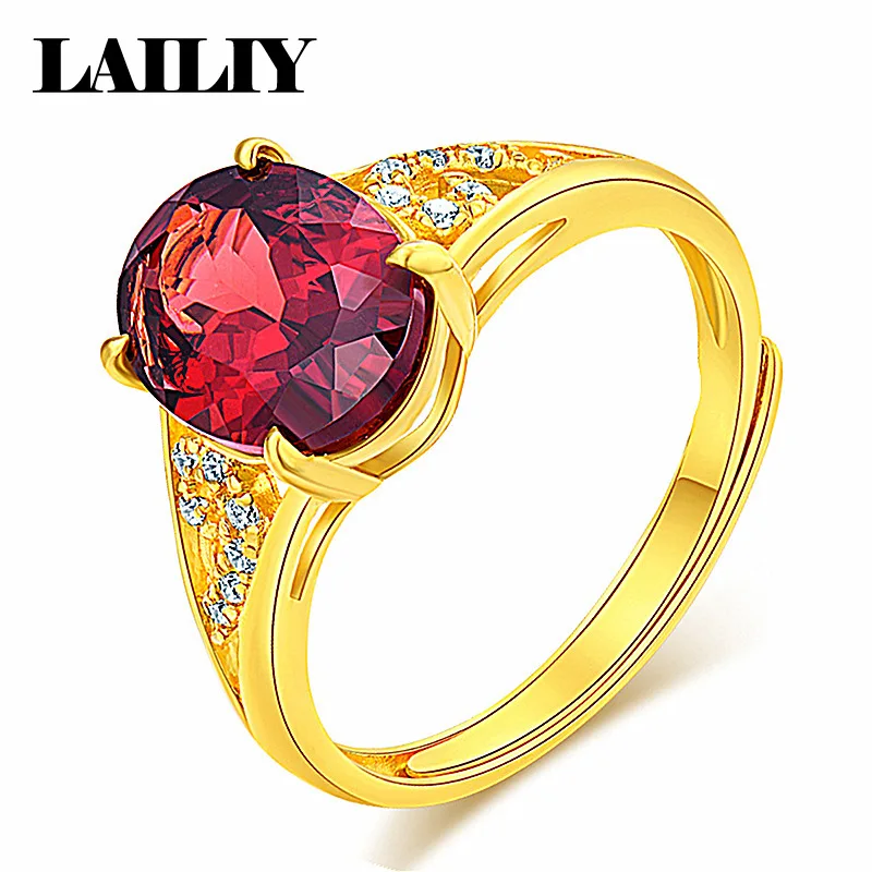 LAILIY925 Sterling Silver 18K Gold Gift with Zircon Red Diamonds Adjustable Ring for Women Fashion Jewelry