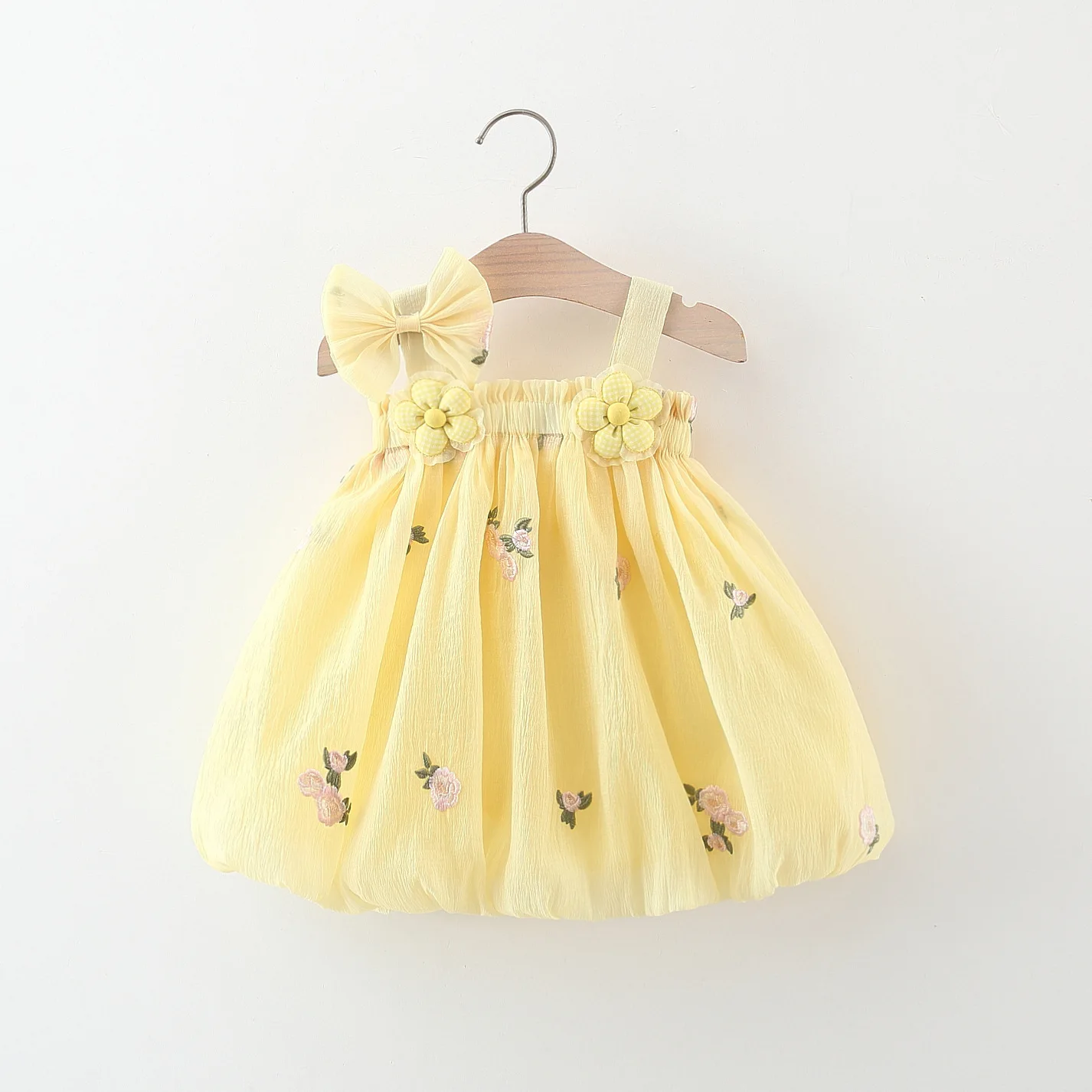 Summer Baby Girl Clothes 2024 Korean Cute Embroidery Flowers Mesh Sleeveless Bow Princess Party Kids Dress Toddler Dresses BC743