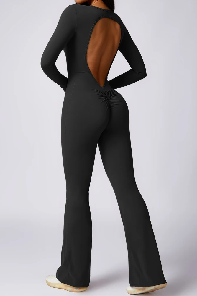 Women's Jumpsuits Long Sleeve Solid Color Slim Fit Rompers Casual Round Neck Backless Wide Leg Full Length Bodysuits