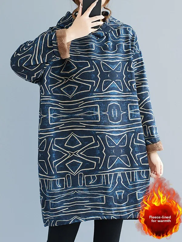 الخريف الشتاء القطن الكتان العرقية طباعة هوديي حجم كبير المرأة منتصف طول فضفاض Fce الدافئة أعلى تخفيف عارضة الكمثرى...