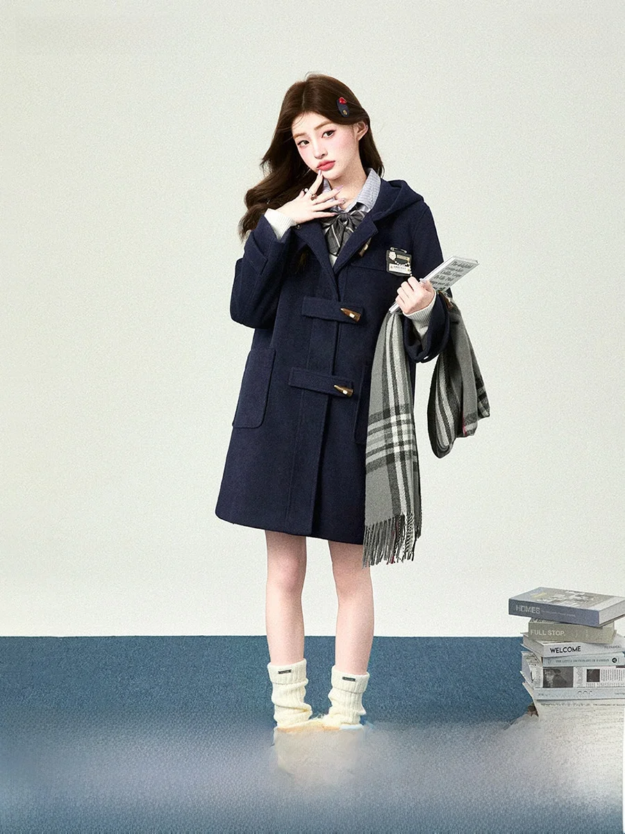 

Ladies Long Woolen Coat with Horn Buttons Cotton Autumn Winter Faion Simple Sle Commute Straight Tube Model Hat