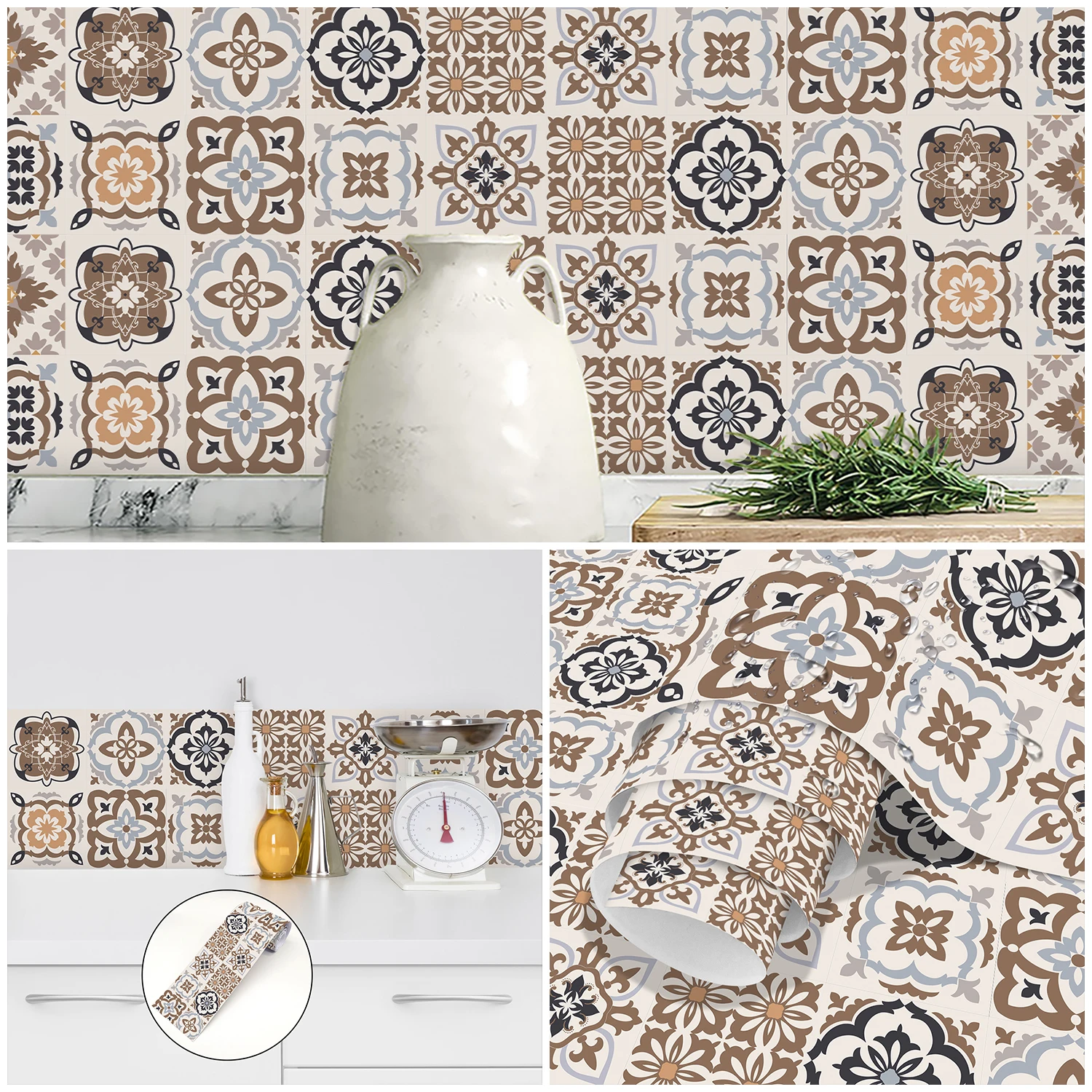 Bohemian Style Ceramic Tile Wall Sticker Bathroom Kitchen BackSplash Waistline Skirting Strip Decor Peel & Stick Art Wall Decals