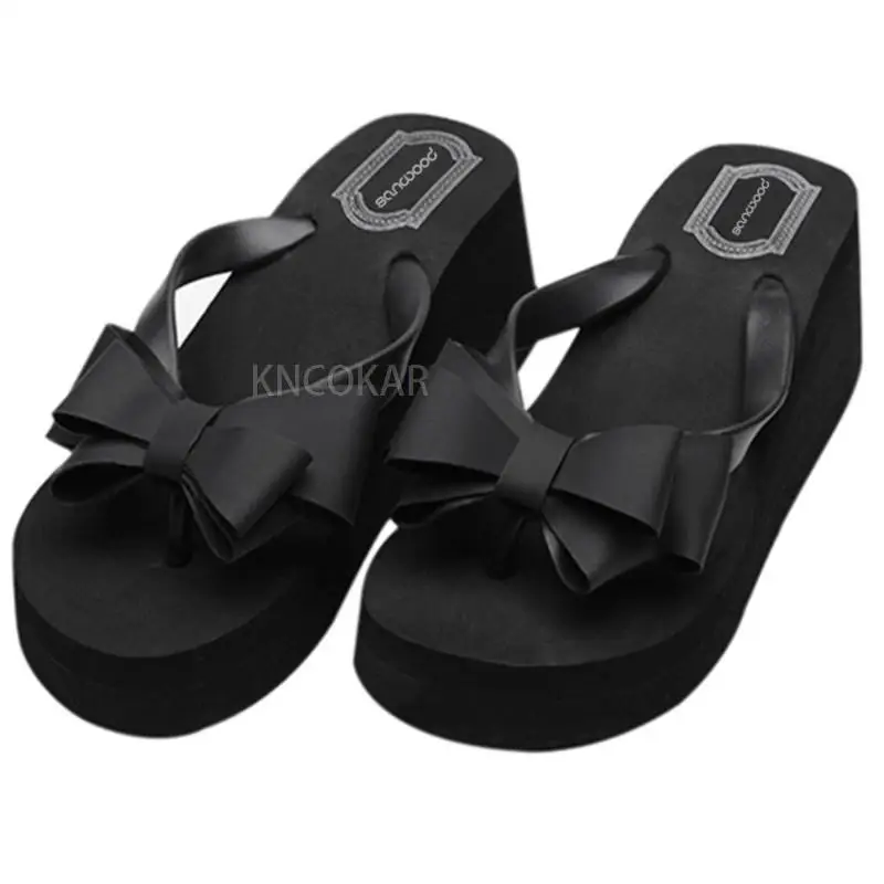 New Arrival Women Fashion Platform Mid Heel Slippers Beach Sandals Bowknot Flip Flops Shoes