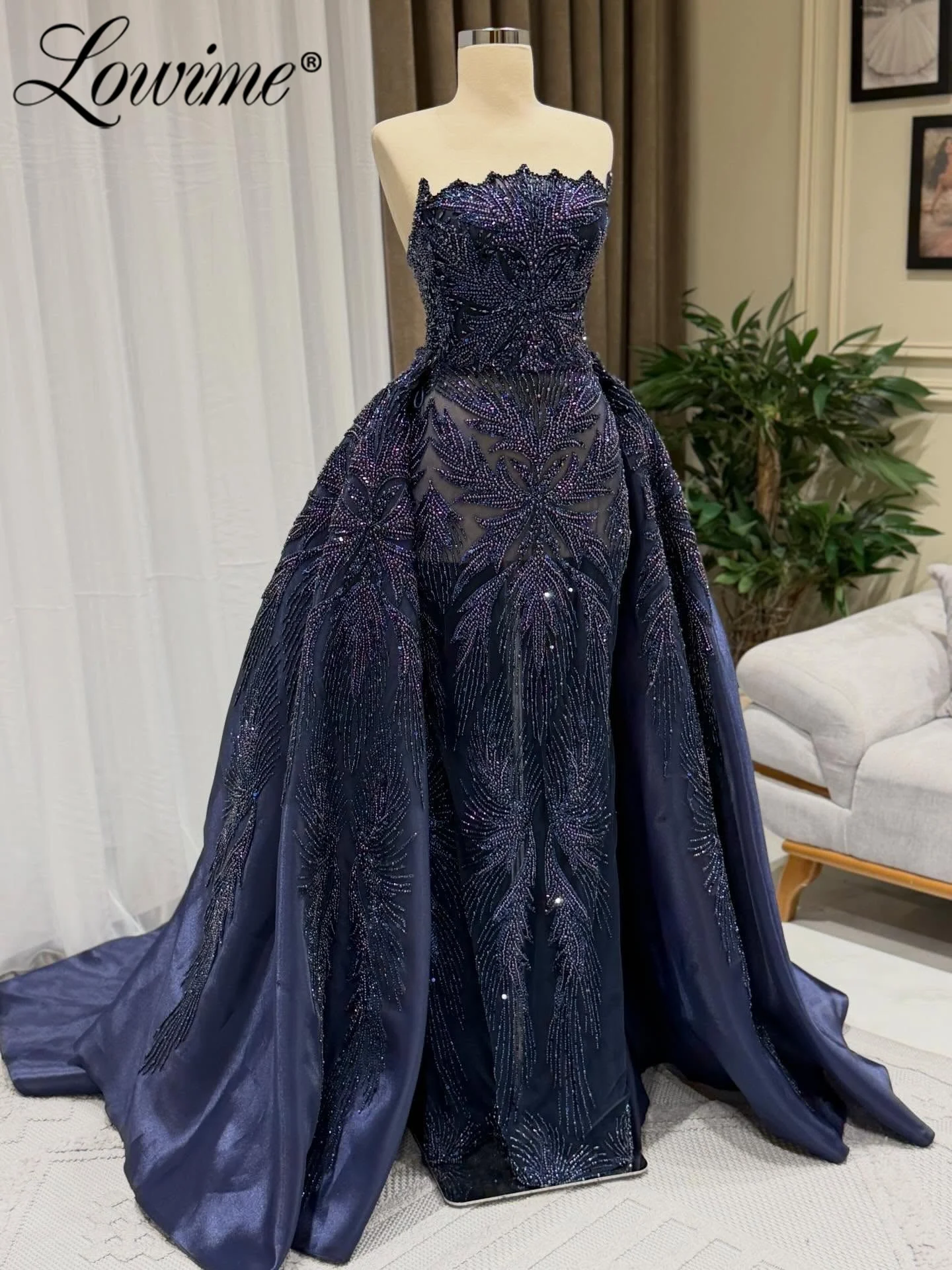 

Navy Blue Two Pieces Strapless Prom Dress With Detachable Overskirt Arabic Wedding Party Gown Beaded Lace Night Dress Customized