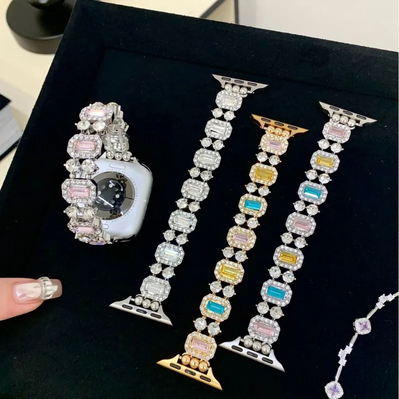 Colorful Square Rhinestone Bracelet Strap for MiBand 10 9 8 Pro Bling Diamond Wristband for Redmi Watch 4 5 6 Jewelry Watch Band