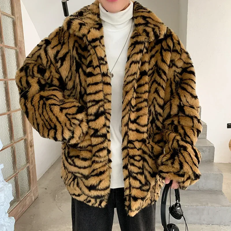 Tiger Stripes Printed Men Jacket Loose Fluffy Imitation Fur Leopard Print Long Sleeve Coat