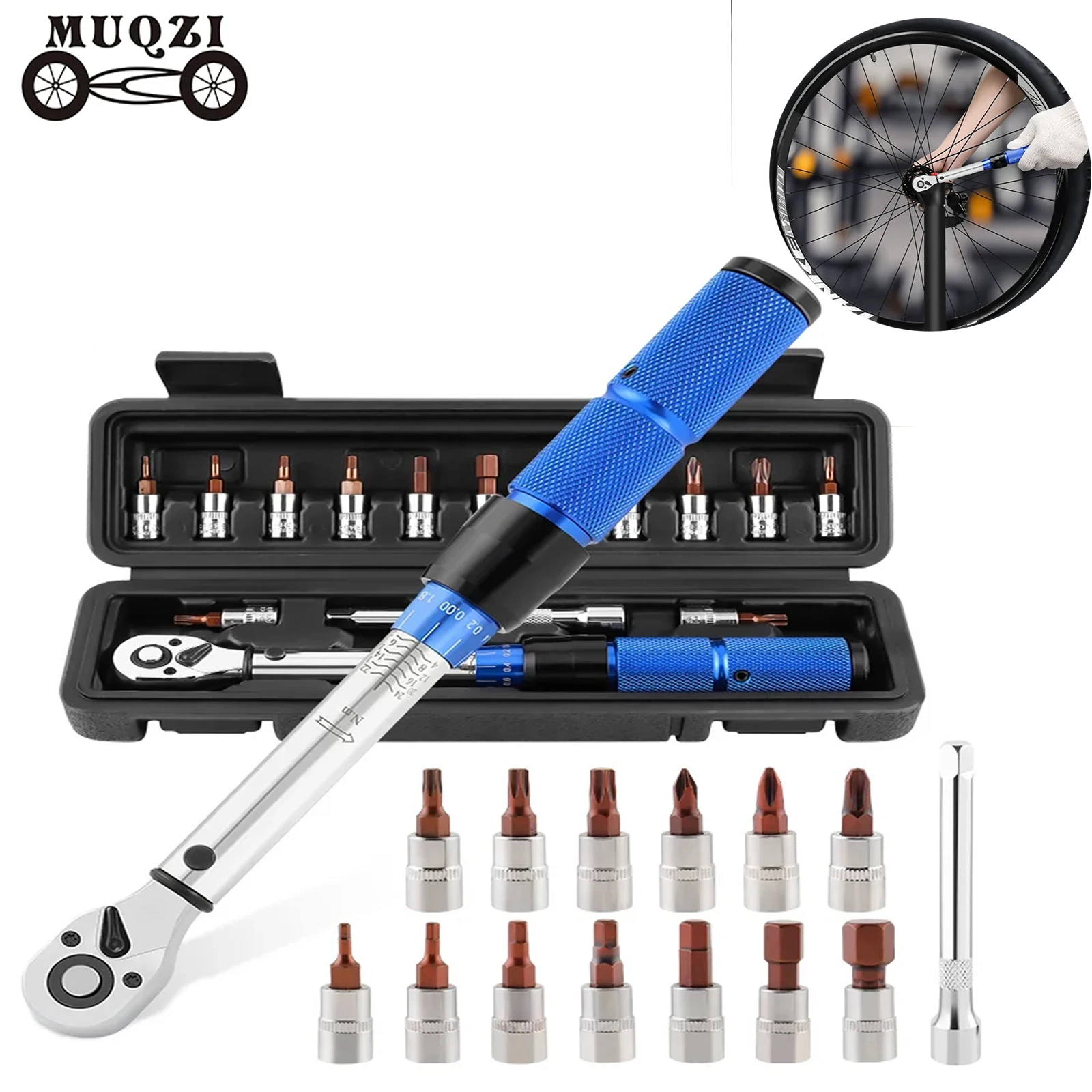 

MUQZ 15PCS Bike High-Precision Torque Wrench Set 1/4 Inch Drive Torque Bike Wrench with Bit Sockets for MTB Road Folding Bike