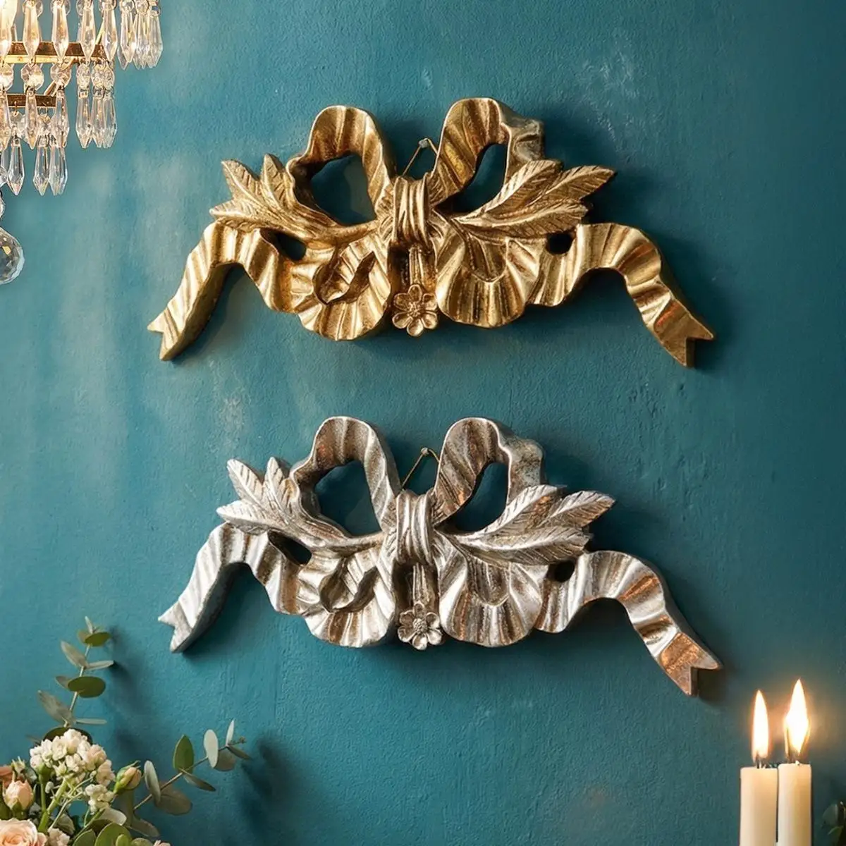French Vintage Angel Playing Piano Wall Decoration, Ribbon Bow Hanging Ornament. Wall Decoration For Entrance Hall
