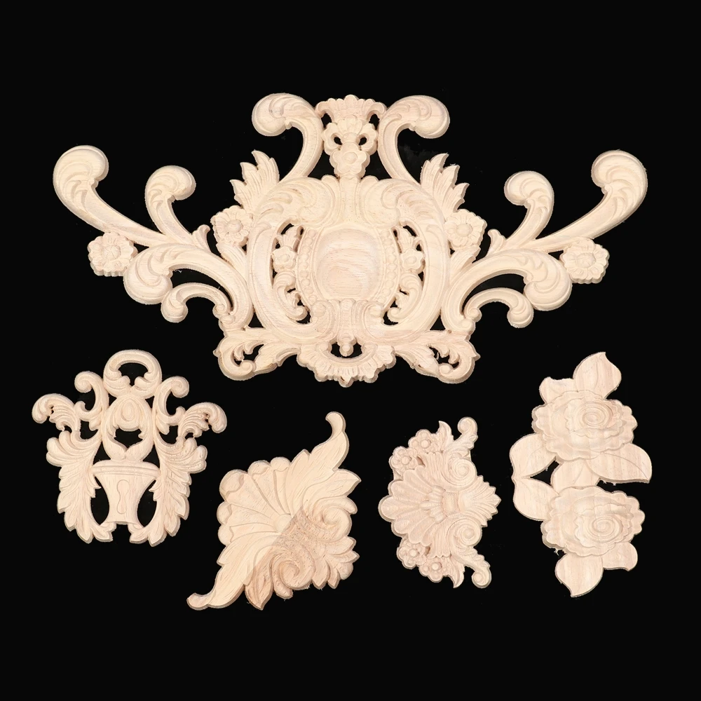 1Pc Multi-styles Furniture Parts Wall Door Wood Carved Wooden Figurines Crafts Corner Appliques Frame Woodcarving Decorative