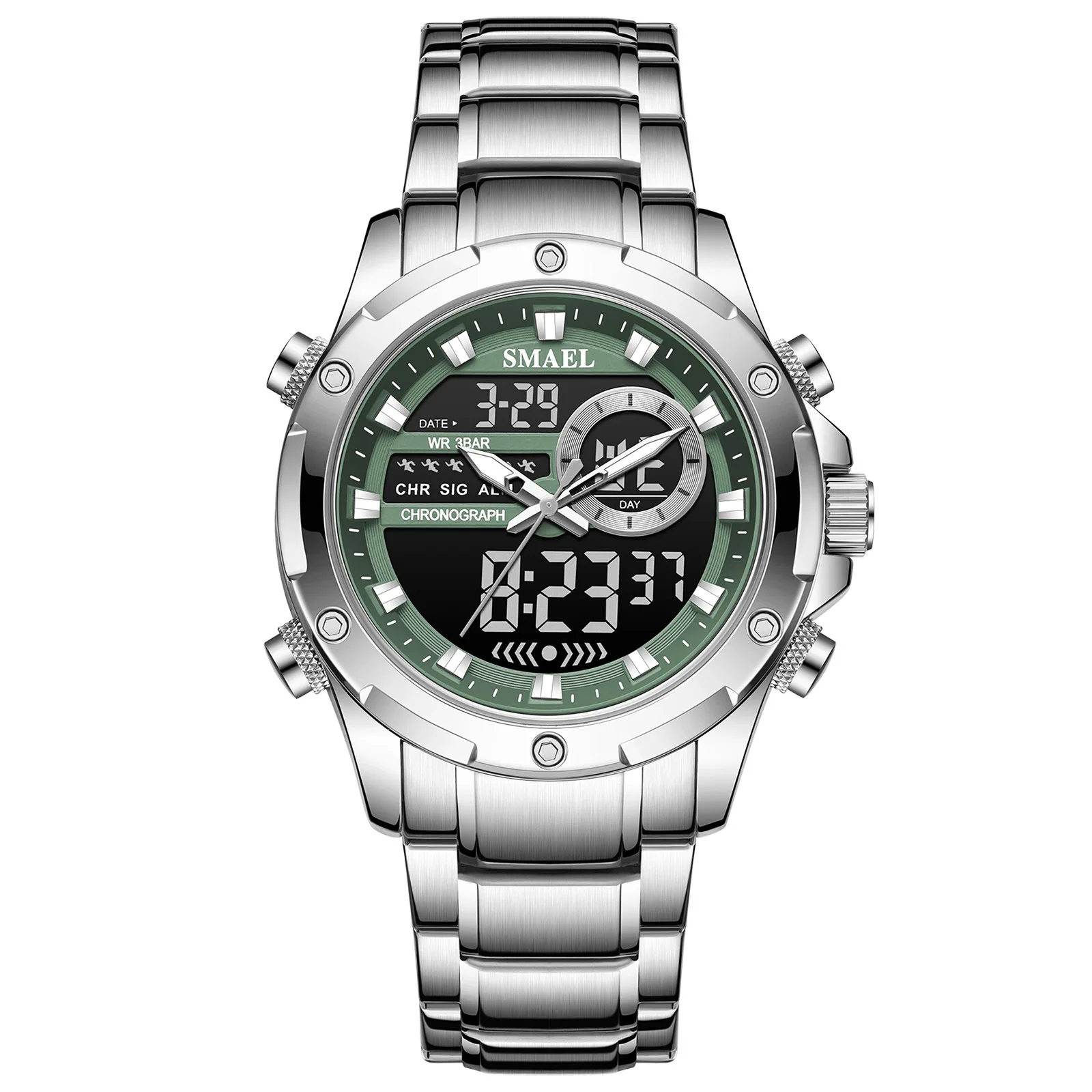ساعة رجال الأعمال SMAEL 6050، ساعة إلكترونية بحزام فولاذي Wa tch، ساعة كوارتز رياضية مقاومة للماء للرجال مضيئة