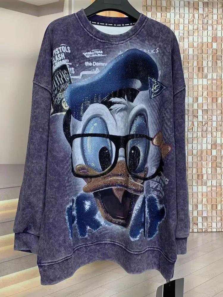 Autumn Heavy-duty Rhinestone Glasses Duck Cartoon Print Mid-length Round Neck Fashion Loose Sweatshirt Oversized Sports Shirt