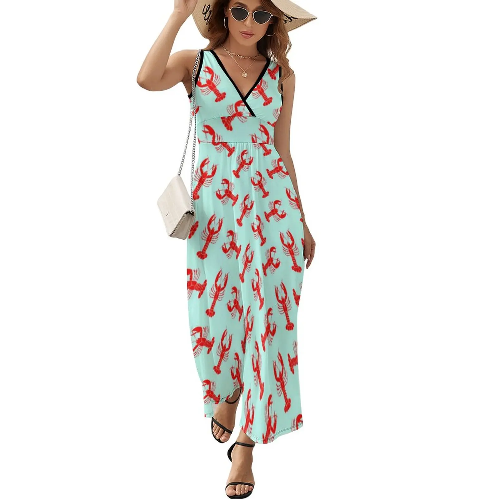 

Ocean Red Lobster Dress FemaleKawaii Maxi Dress V Neck High Waist Aesthetic Graphic Boho Beach Long Dresses