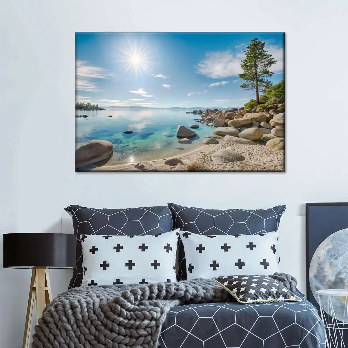 1PC Bright Sunlight Lake Shore Pine Tree View Wall Poster, Mountain Lake Boulder Beach Natural Scenery Art, Unframed Wall Decor