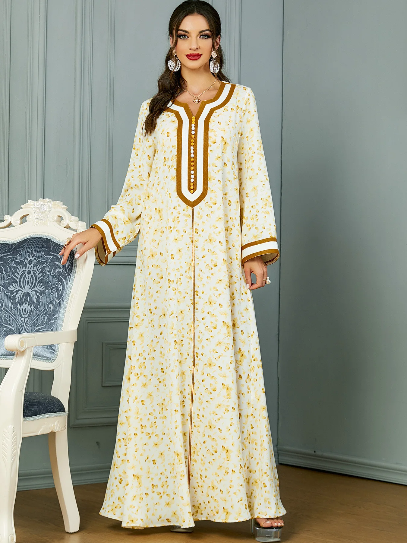 

Eid Al-Adha Abayas for Women Muslim Print Maxi Dress Ramadan Dubai Turkey Kaftan Arabic Robe Islamic Jalabiya Marocain Caftan