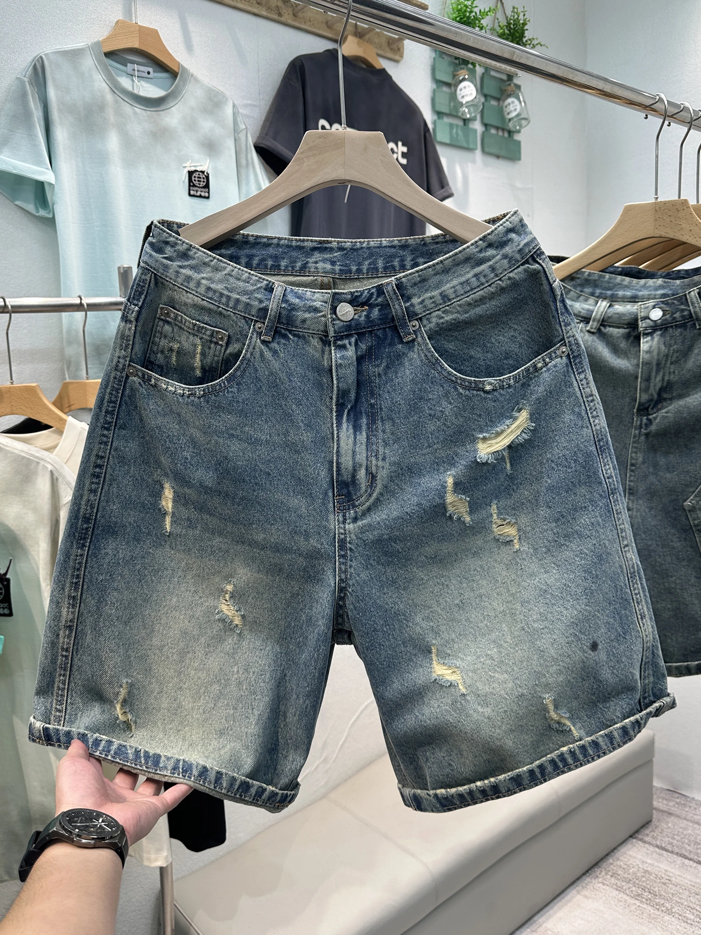 

Мужские джинсы прямого кроя Slim Fit с рваными элементами, летние, легкие, в американском стиле, повседневные, дышащие, комфортные, без стрейча