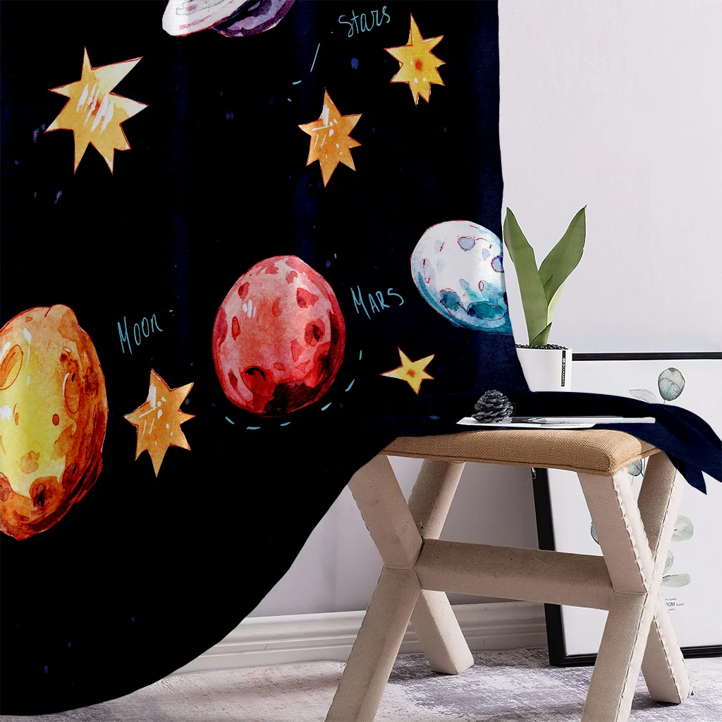 High Quality Blackout Heat Insulation Curtains With Animated Cartoon Spaceship Prints For Boys And Girls Room Decoration 2PCS