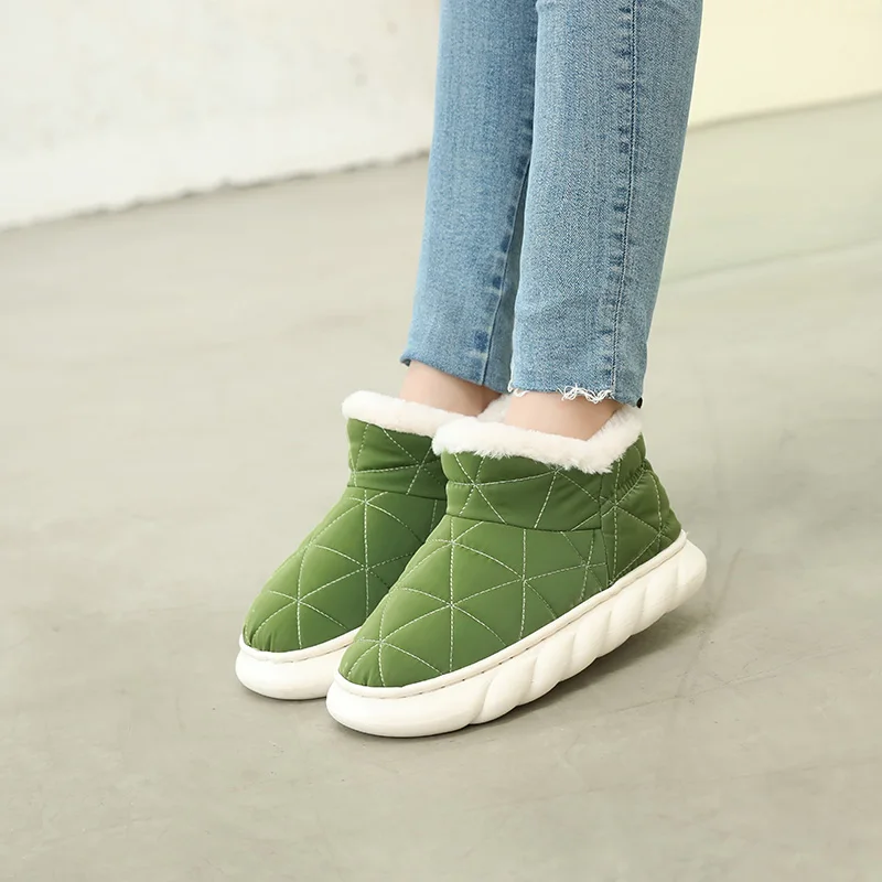 Down Women Snow Boots Winter Plaid Platform Ankle Boots Fashion Ladies Round Toe Green Orange Pink Green artificial wool Boots