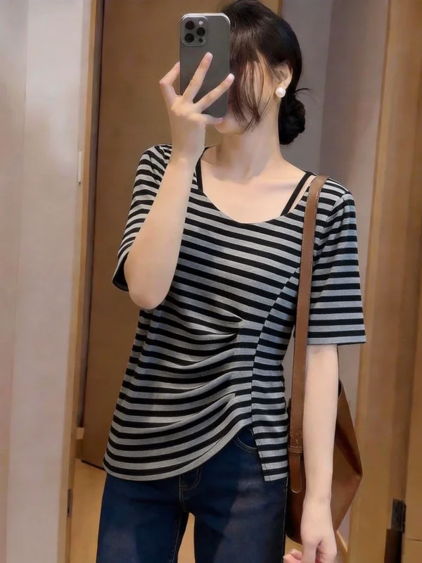 

Summer New plus Size Women's T-shirt Striped Square Collar Short Sleeve Regular Fit Commute Style Korean Version Lazy Style