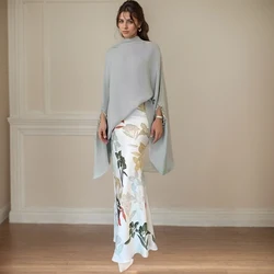 Retro Floral Print Two Piece Set Fashion O Neck Batwing Sleeves Irregular Clipping Solid Color Stand Collar Blouses Tops Suits