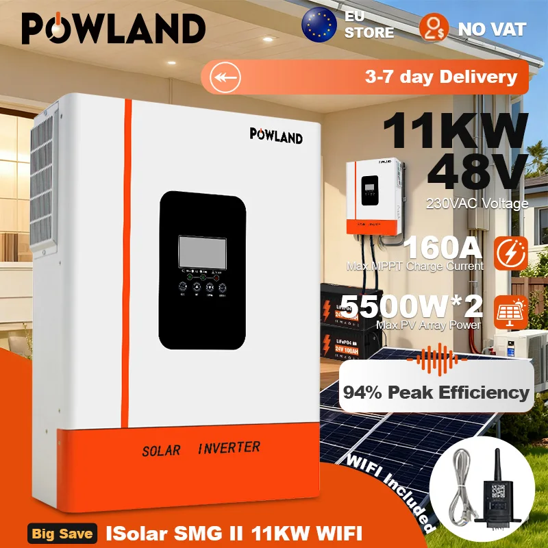 POWLAND 11000W Inverter ibrido solare MPPT 220V 48V Max Ingresso fotovoltaico 500V 22000VA Caricatore solare 160A Doppia ingresso Supporto BMS con WIFI