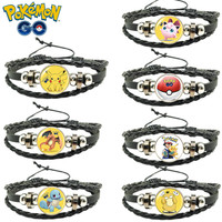 Kawaii Anime Pokemon Pikachu Children Leather Cord Bracelet Pokemon Figure Black Adjustable Braided Cord Bracelet kids Toy Gifts