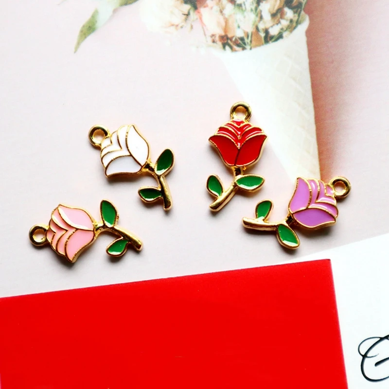 10pcs Rose Blossom Alloy Enamel Pendant Charming Colorful Flower Dangle DIY Necklace Bracelet Earrings Keychain Accessories X110