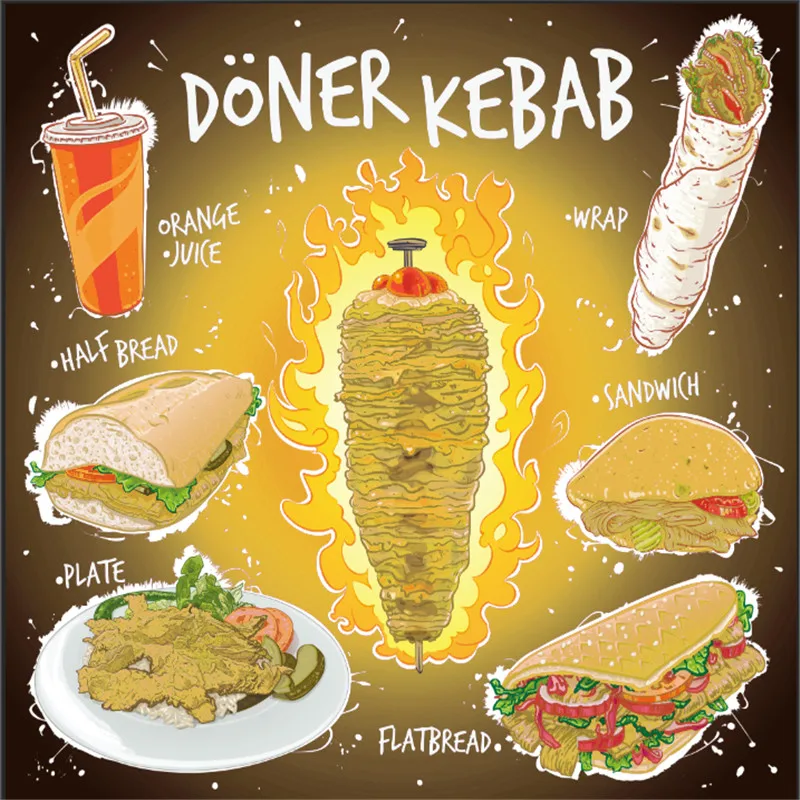 Custom Hand Drawn Doner Kebab Flat Bread Sandwich Plate with Orange Juice Mural Wallpaper Fast Food Restaurant Wall Paper 3D