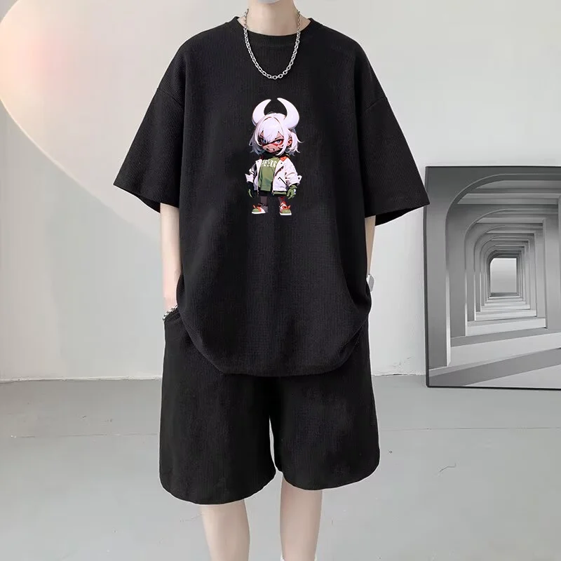 

Повседневный спортивный костюм для мужчин: летний, модный, в гонконгском стиле, большие размеры, футболка и шорты из полиэстера, для подростков, стильный.