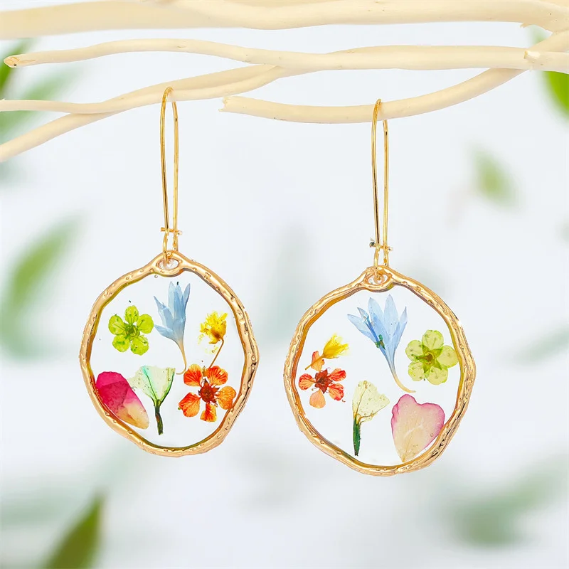 Transparent Dry Flowers Earrings For Women Unique Round Heart Drop Earrings Women's Accessories Floral Korean Fashion Jewelry