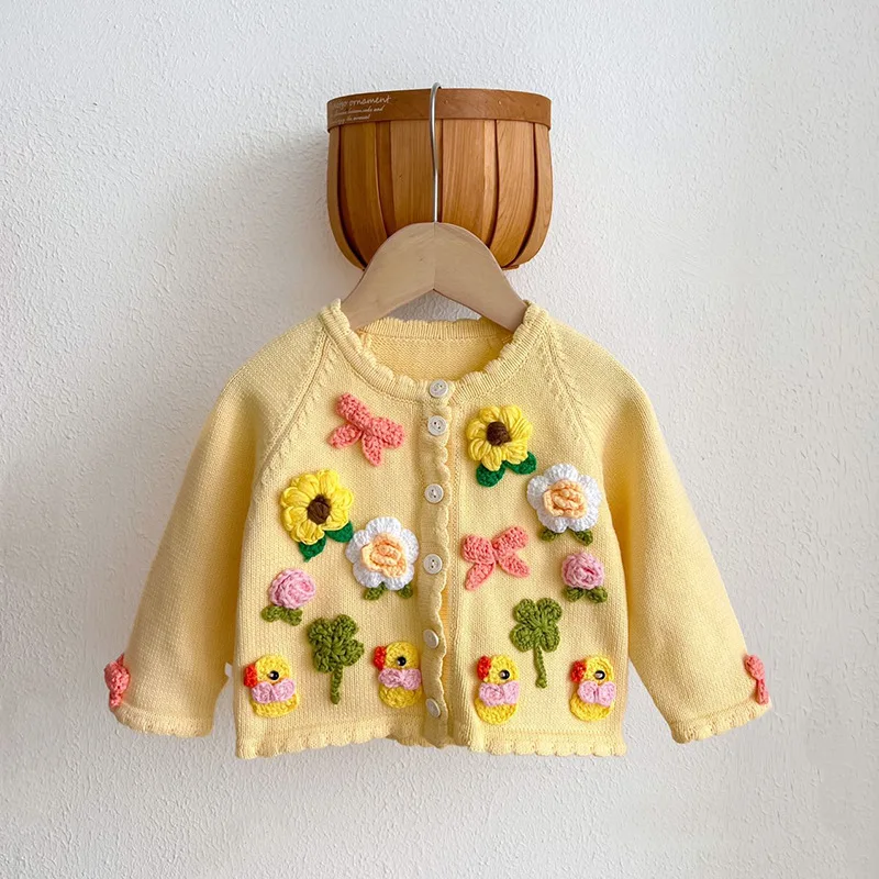 Autumn Newborn Girls Cardigan Sweater Coat Infant Girls Long Sleeve Handmade Flower Top Toddler Baby Girl Clothes Appliques Coat