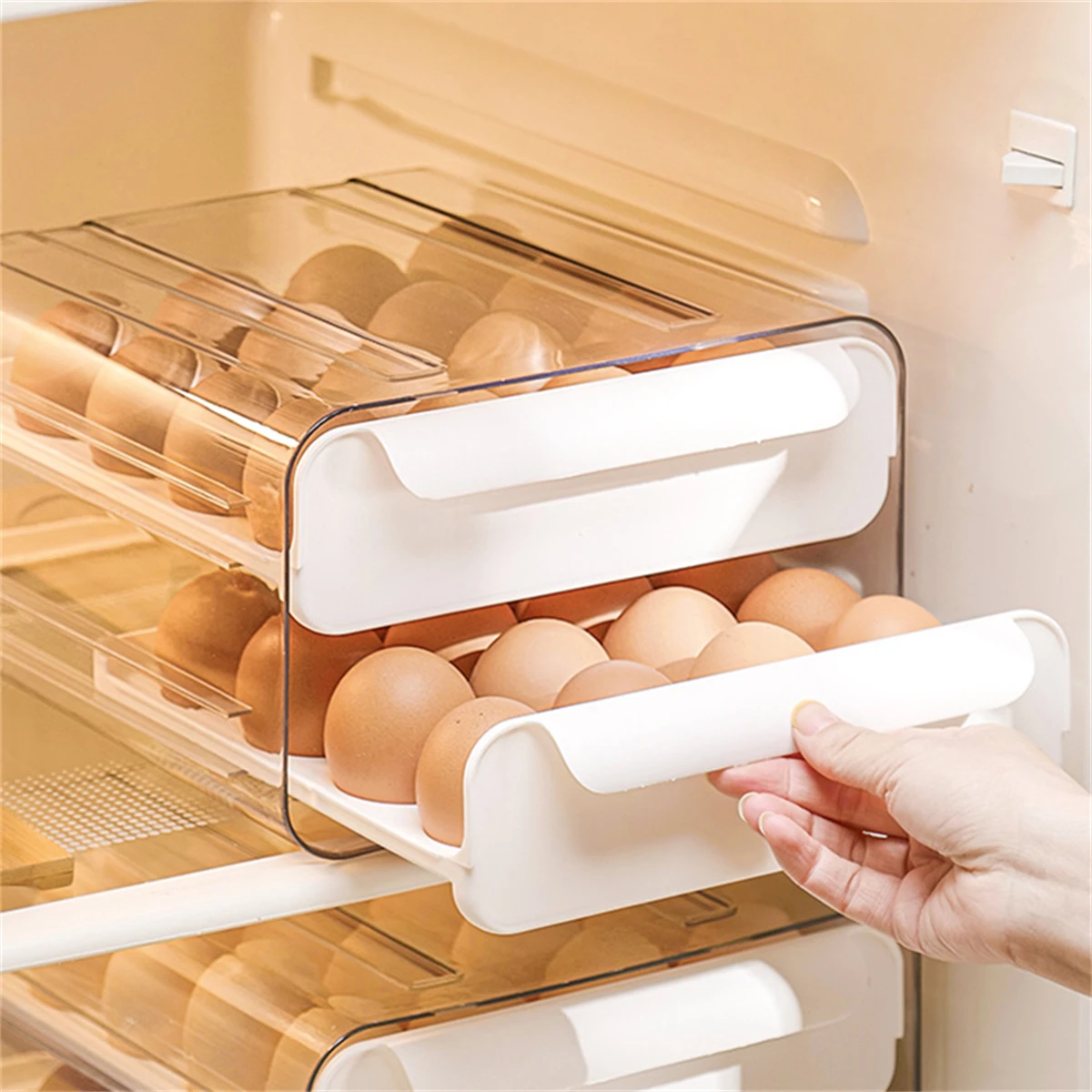 

32 Grids Refrigerator Egg Storage Box Drawer-Type Transparent Household Double-Layer Tray Kitchen Fresh-Keeping