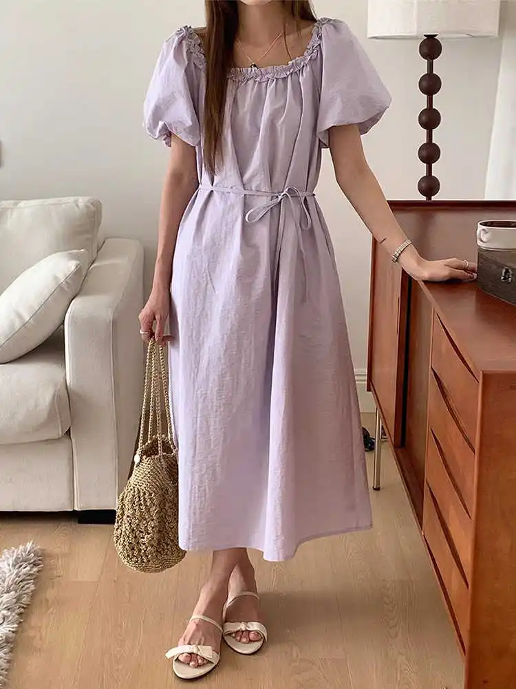 

Clothland Women Sweet Ruffled Midi Dress Square Collar Sashes Lilac Korean Style One Piece Dresses Vestido QE084