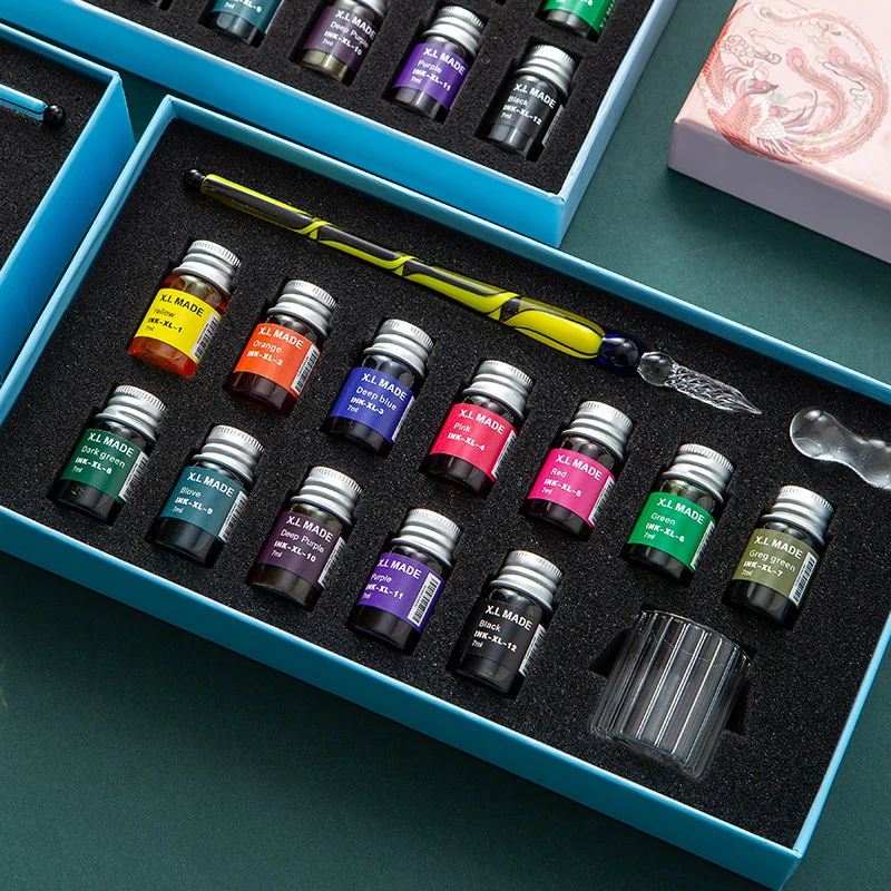 

Fantasy glass pen dipped in water, antique style colored ink, crystal signature pen, gift pen dipped in ink set