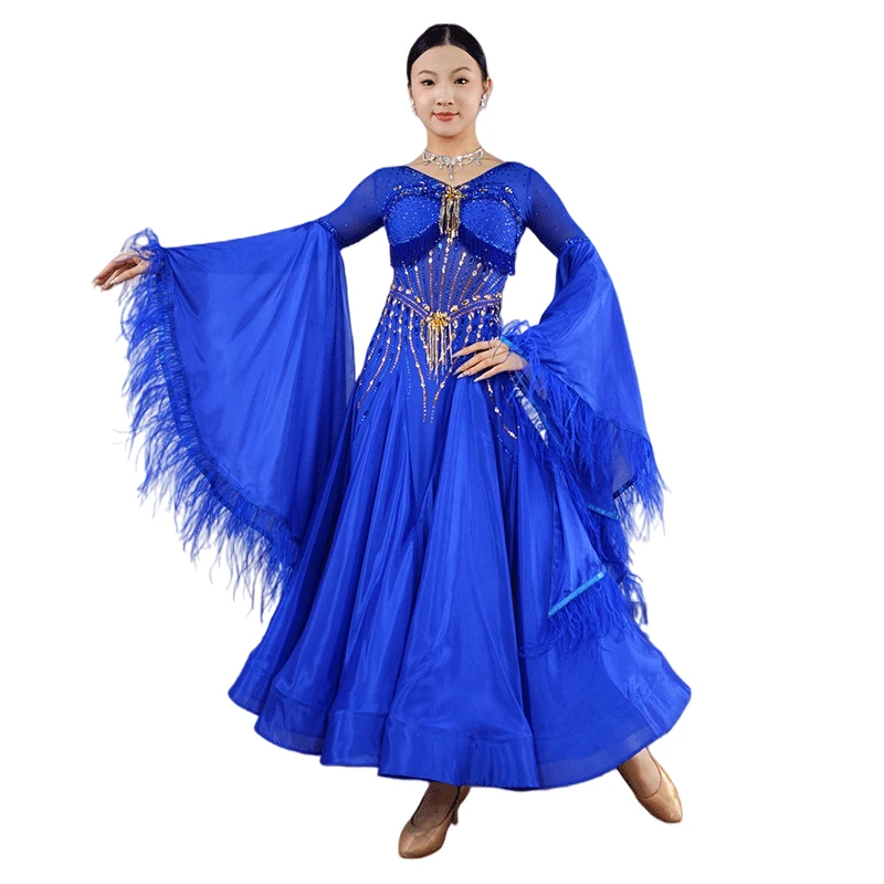B-25136 Trajes de baile lírico Yundance para mujer, baile de salón, vestidos de baile de vals de gasa satinada azul real para competición