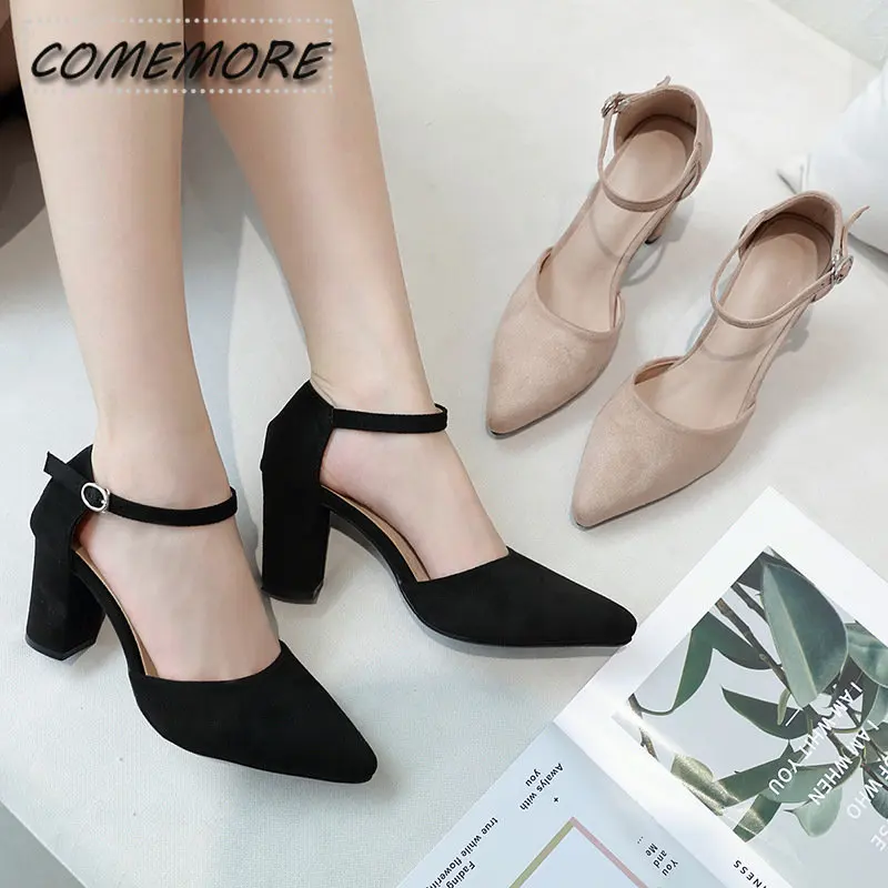 Women Classic High Quality Square Heels Shoes for Office Ladies Black Flock Party Heel Pumps Designer Luxury Summer New Footwear