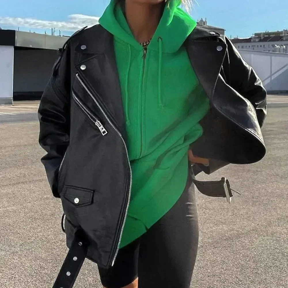 Loose Casual Coat Drop-shoulder PU Coat Motorcycles Locomotive Outwear with Belt Women Spring Autumn Faux Leather Jackets Female