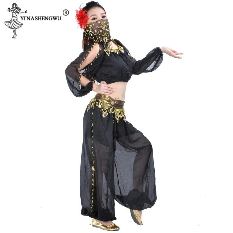 Women Sexy Bollywood Belly Dance Costume Set Indian Sari Bellydance Pants Suit Chiffon Veil Bellydance Performance Bloom Suit